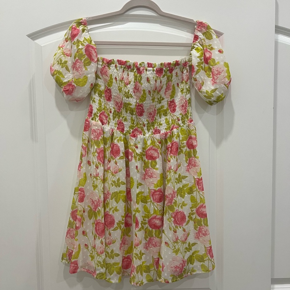 Betsey Johnson Pink Floral Off-Shoulder Smocked Mini Dress - Picture 2 of 4
